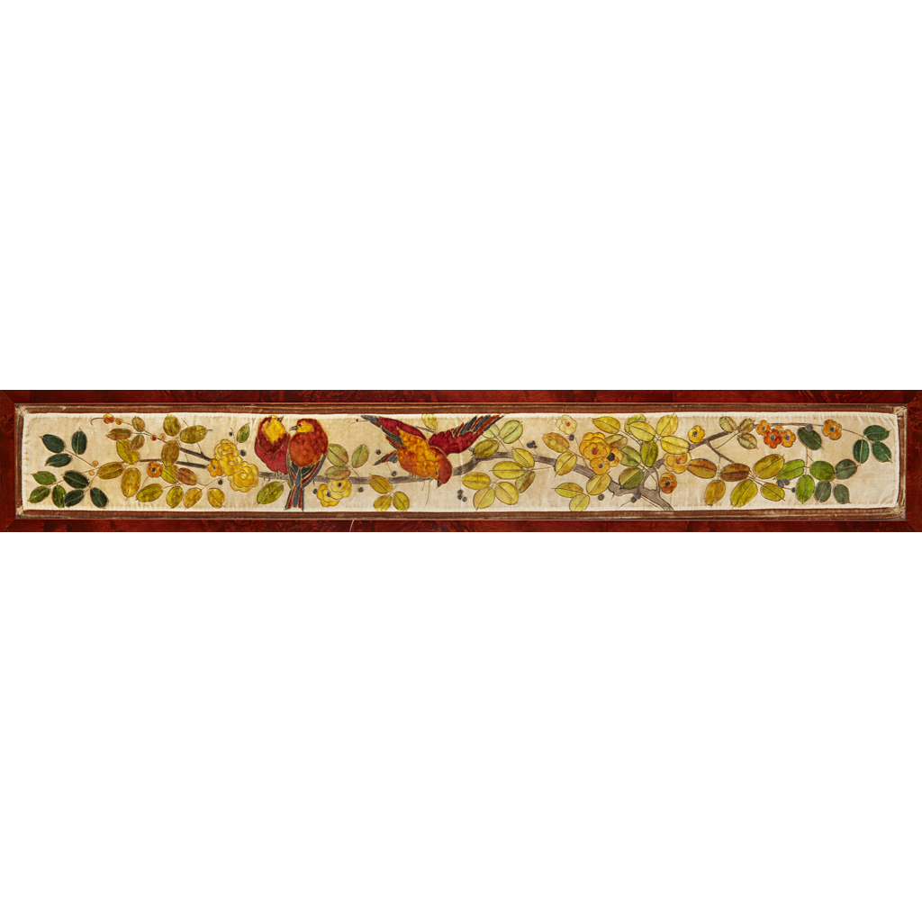 Appraisal: FRENCH SCHOOL EMBOSSED AND PAINTED VELVET PANEL CIRCA depicting songbirds