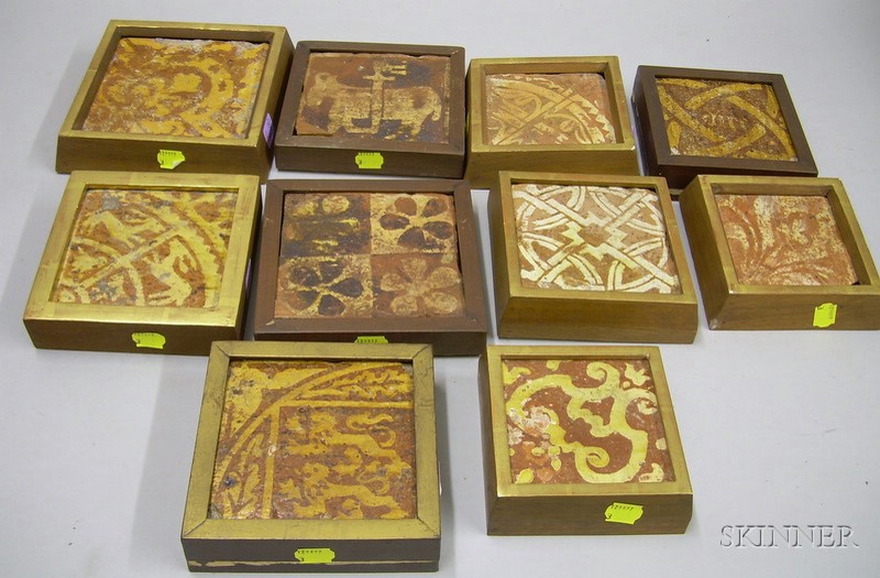 Appraisal: Ten Framed Mostly Early British Glaze Decorated Pottery Tiles x