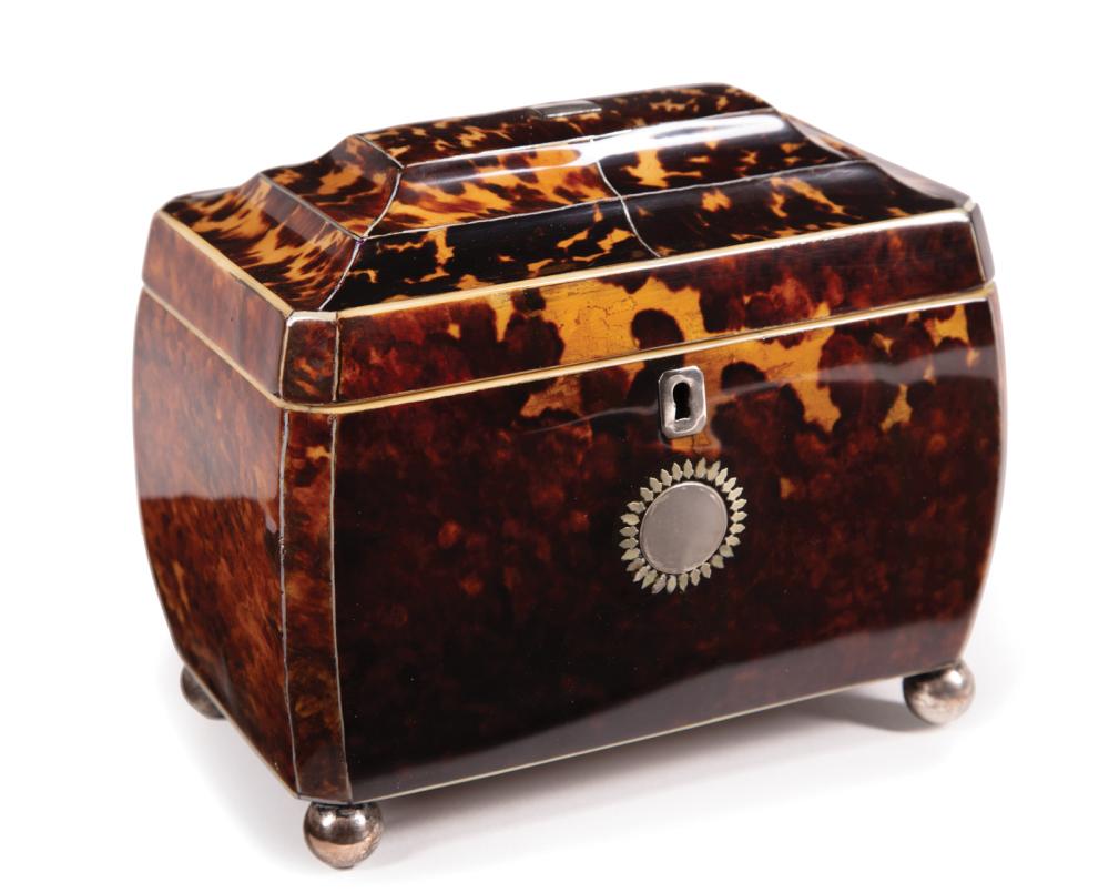 Appraisal: George III Tortoiseshell Bomb Tea Caddy th c interior with