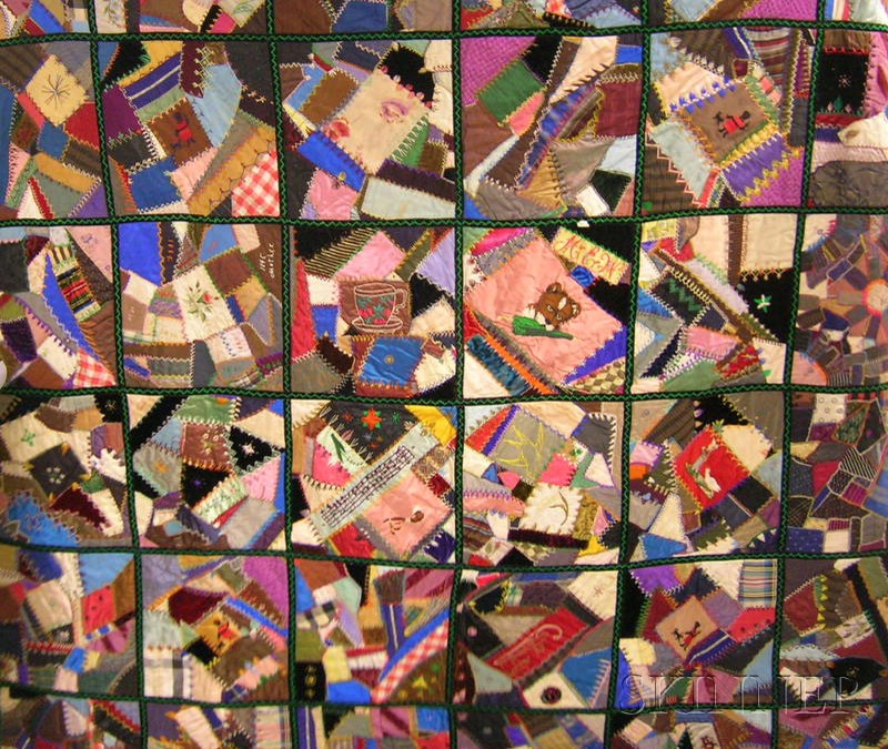 Appraisal: Late Victorian Embroidered Pieced Crazy Quilt with embroidered figurals including