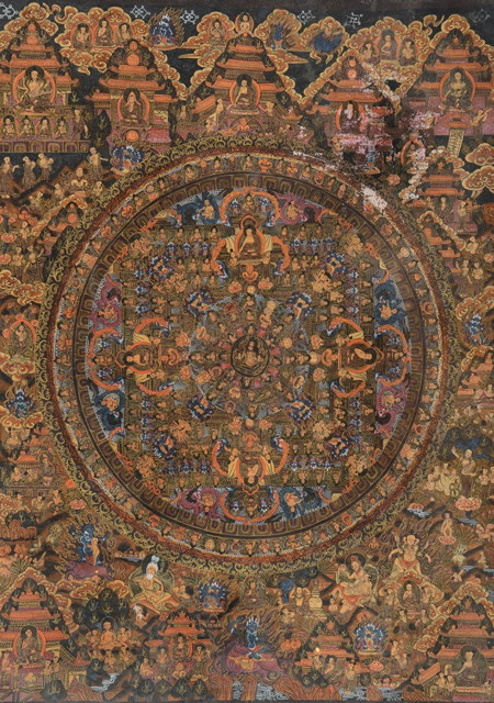 Appraisal: AN OLD TIBETAN TANKA decorated myriad images of Buddha painted