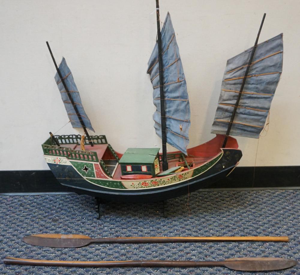 Appraisal: CHINESE STYLE PAINTED DECORATED WOOD MODEL OF JUNK AND PAIR