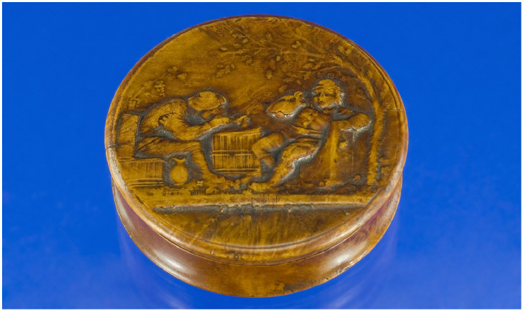 Appraisal: French Pressed Burr Snuff Box The Pull Off Lid Showing