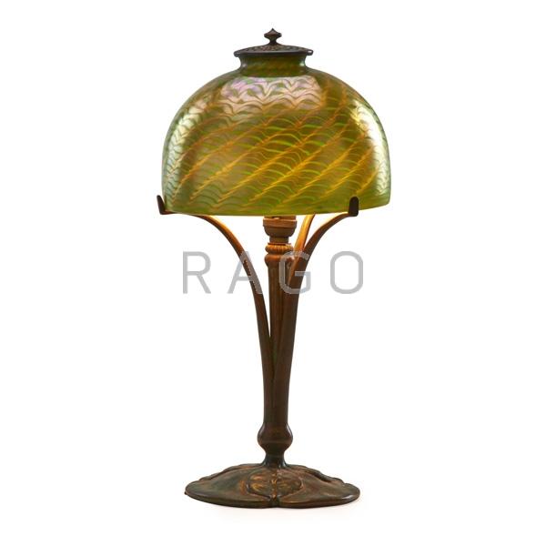 Appraisal: TIFFANY STUDIOS Boudoir lamp Damascene shade Condition Report Fine original