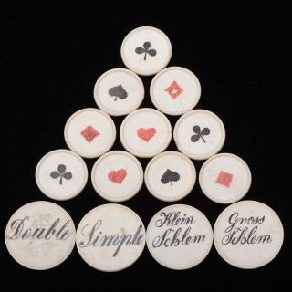 Appraisal: Ten Hand Painted Ivory Whist Counters with Suit Symbols and