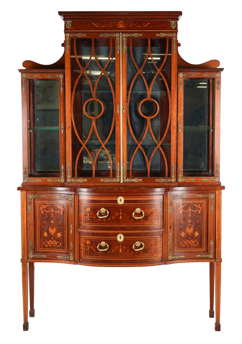 Appraisal: EDWARDIAN MARQUETRY-INLAID BOOKCASE BUREAUin two parts the upper section with