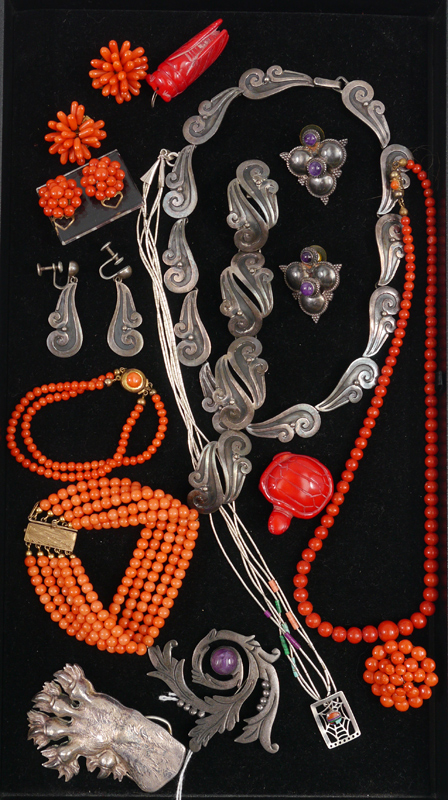 Appraisal: ESTATE LOT MEXICAN SILVER CORAL JEWELRY To include signed Castillo