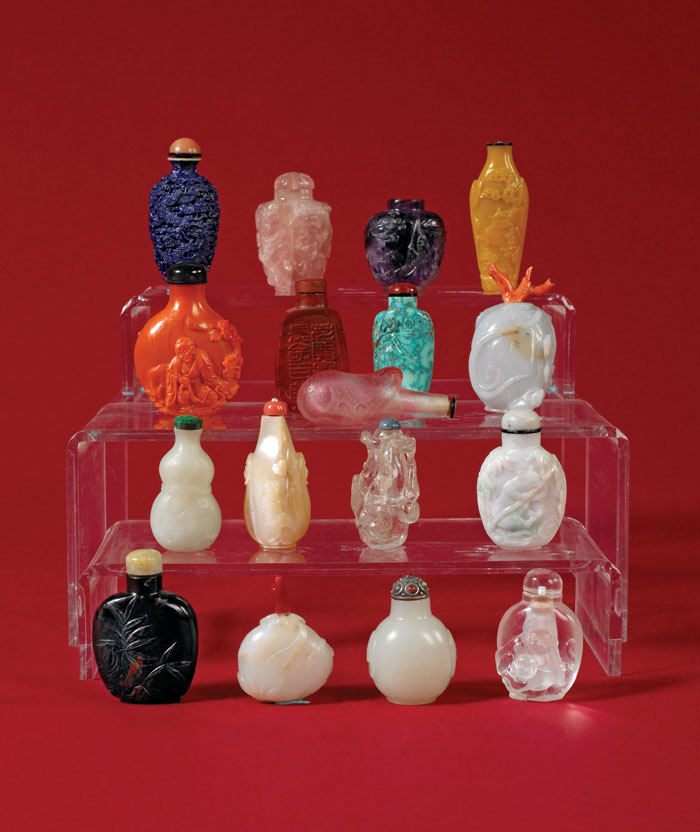 Appraisal: SEVENTEEN CHINESE CARVED HARDSTONE AND GLASS SNUFF BOTTLES Variously carved