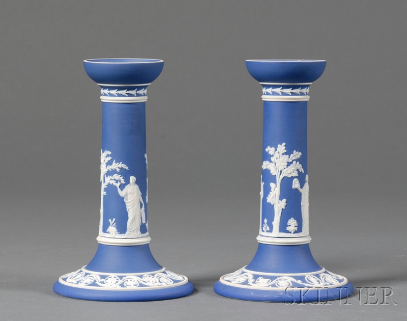 Appraisal: Pair of Wedgwood Dark Blue Jasper Dip Candlesticks England late