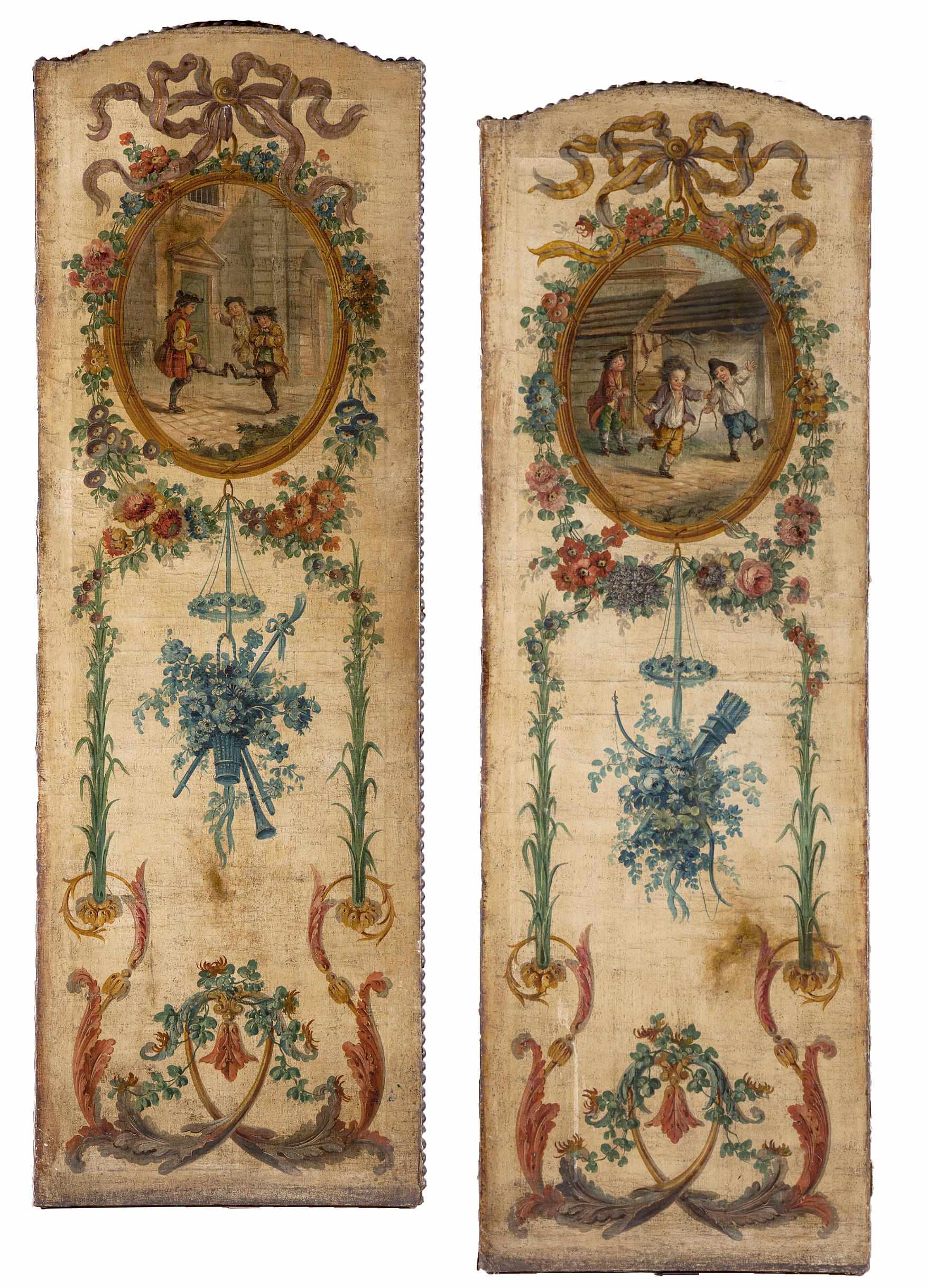 Appraisal: A pair of Continental paint decorated leather panels probably Dutch