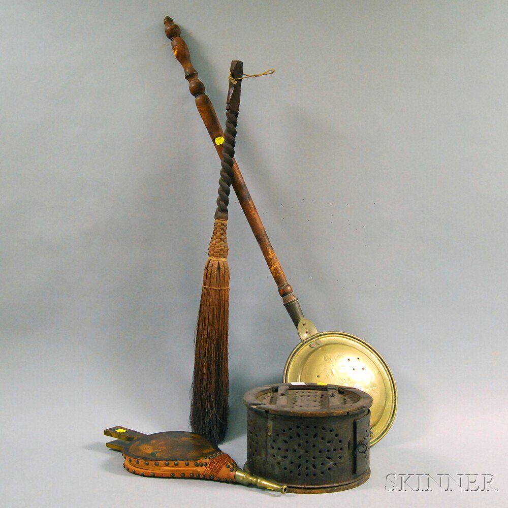 Appraisal: Group of Domestic Items a hearth brush a pierced tin