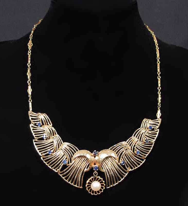 Appraisal: K SAPPHIRE PEARL RETICULATED NECKLACE K yellow gold necklace contains