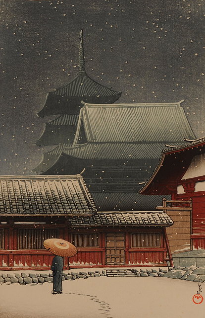 Appraisal: KAWASE HASUI Japanese - Snowy Night at Tennoji Temple in