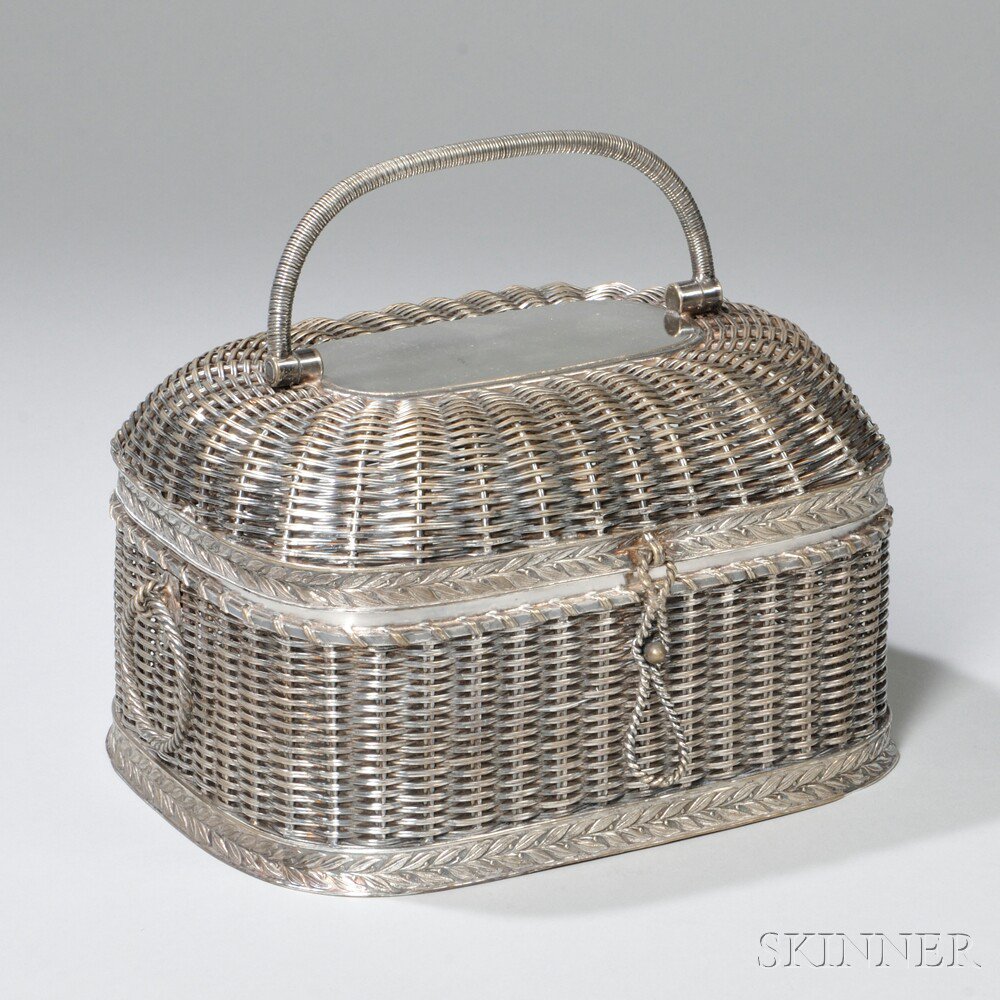 Appraisal: Silver-plated Basket-form Lidded Box the woven wire basket with ring