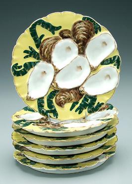 Appraisal: Six Limoges oyster plates oyster shells on yellow ground red