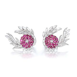 Appraisal: A Pair of Ruby and Diamond Earrings Featuring ruby-set floral