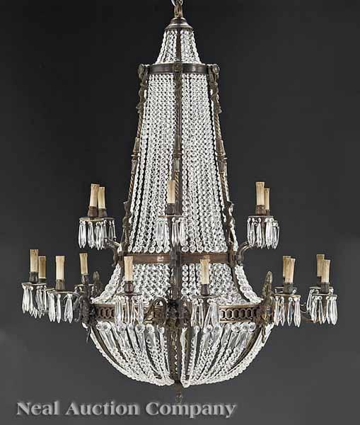 Appraisal: A Large Louis XVI-Style Patinated Bronze and Crystal Basket-Form Chandelier