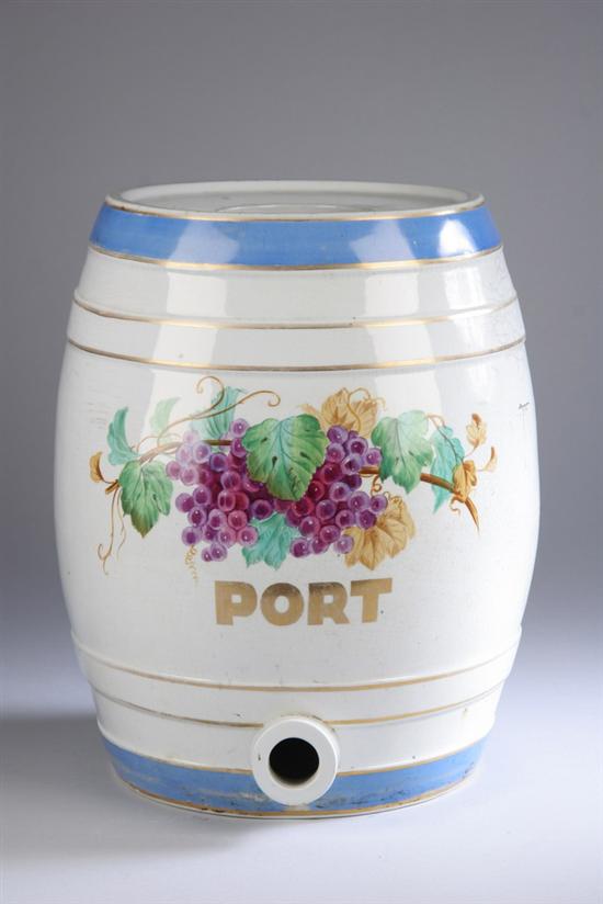 Appraisal: CERAMIC PORT BARREL White body with blue borders one side