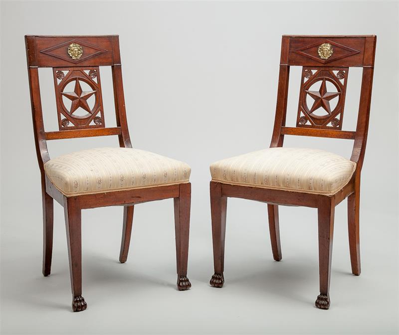 Appraisal: Pair of Directoire Style Carved Mahogany Side Chairs With later