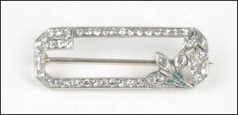 Appraisal: ART DECO DIAMOND EMERALD AND PLATINUM BROOCH single cut diamonds