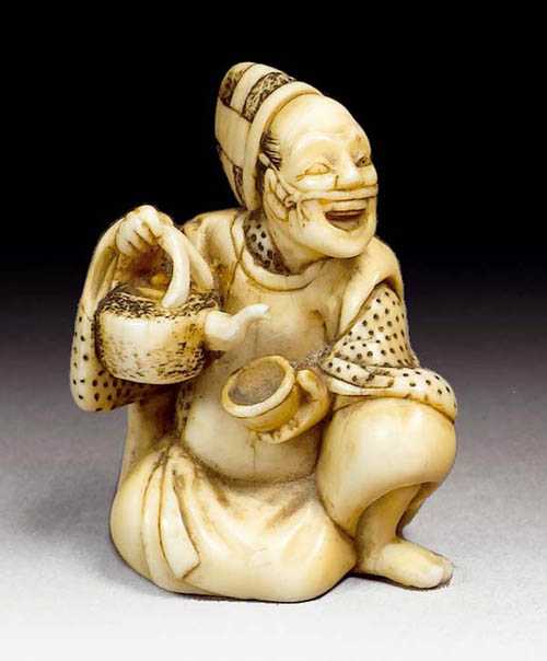 Appraisal: NETSUKE Japan th century H cm Ivory Seated man with