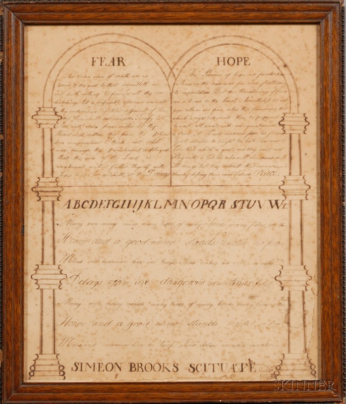 Appraisal: Framed School Boy Calligraphic Exercise Simeon Brooks Scituate Massachusetts March