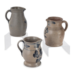 Appraisal: Three Cobalt Decorated Stoneware Pitchers Baltimore Maryland th Century Height