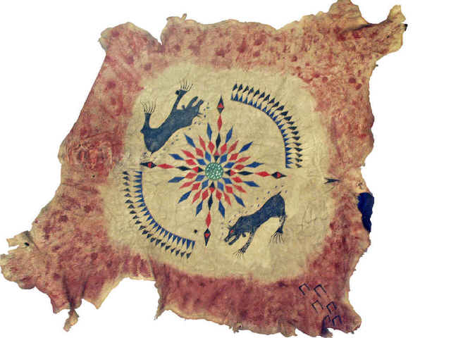 Appraisal: Rare th Century Buffalo hide painting Plains Indian this vision