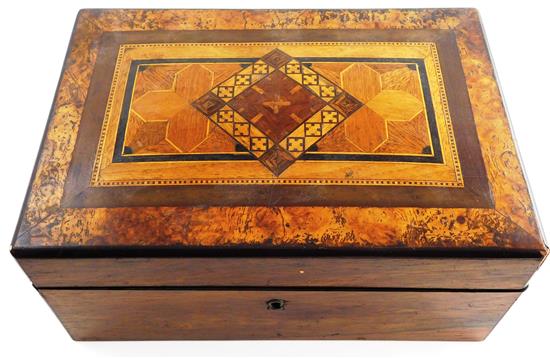 Appraisal: Rosewood box with parquetry inlay on lid geometric motif veneered