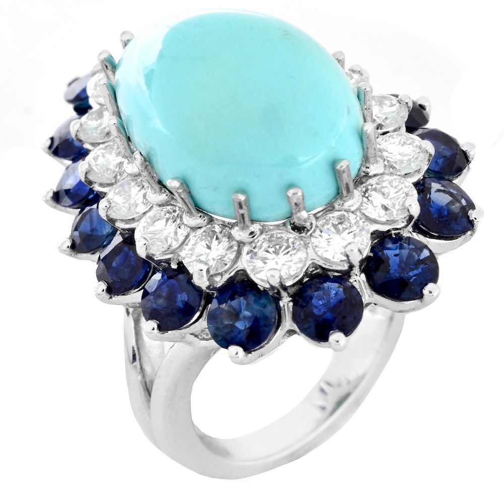 Appraisal: Diamond Sapphire Turquoise Ring Vintage Approx Carat Round Brilliant Cut