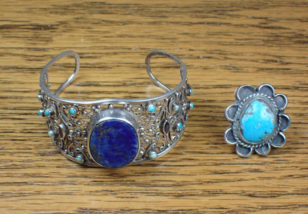 Appraisal: TWO ARTICLES OF TURQUOISE AND SILVER JEWELRY including an adjustable