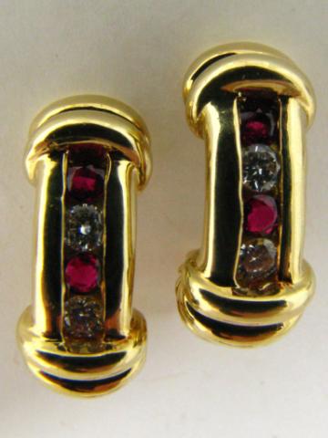 Appraisal: k yellow gold diamond and ruby drop earrings with ribbed