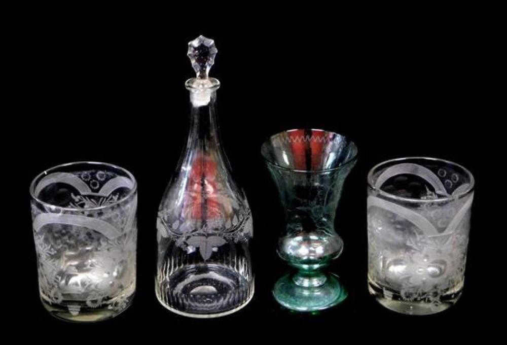 Appraisal: Four pieces of early etched glass including one green vase