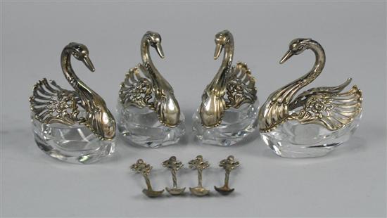 Appraisal: SET OF FOUR CONTINENTAL SILVER AND CUT GLASS SWAN FORM