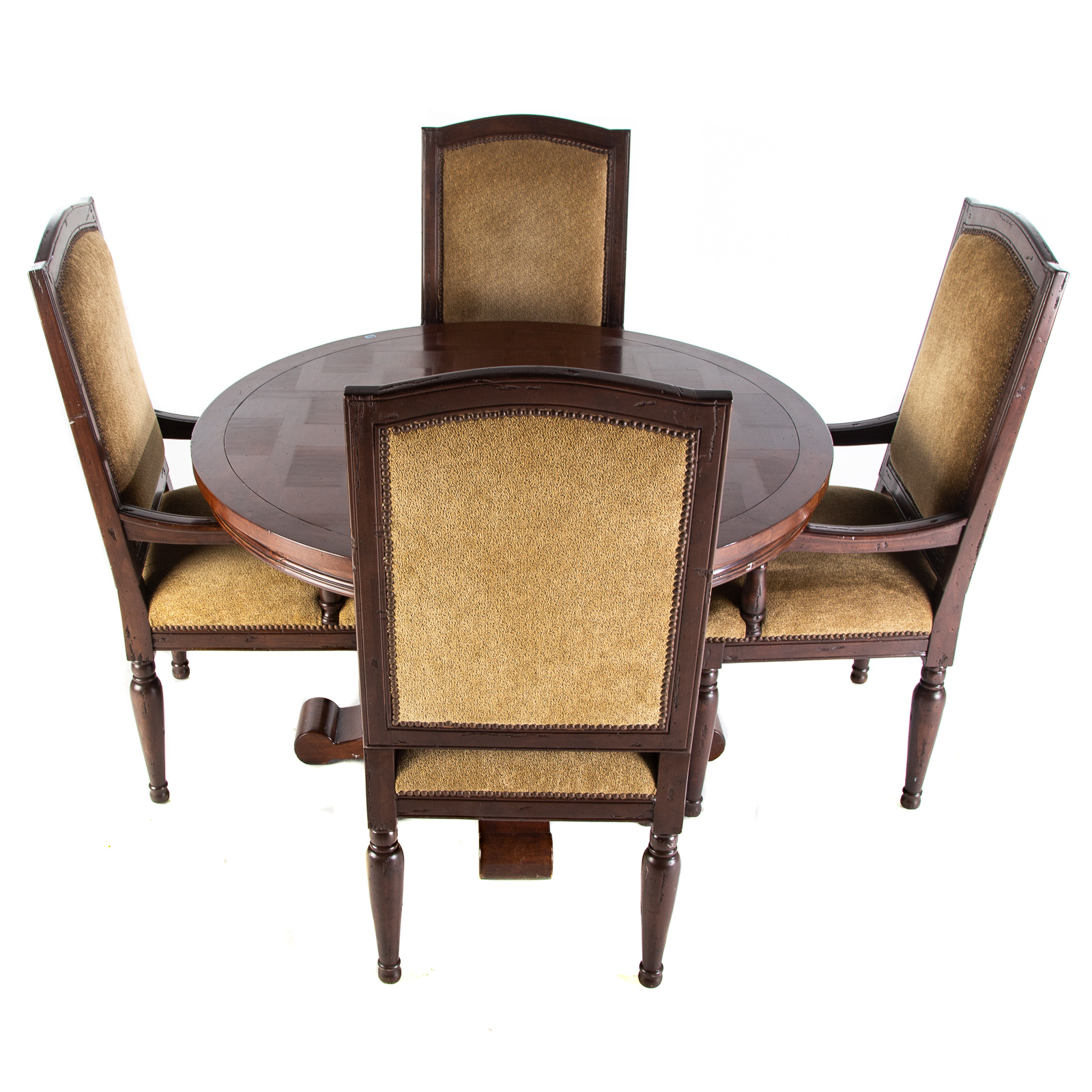 Appraisal: DISTRESSED WOOD TAVERN GAMES TABLE WITH CHAIRS Comprising four upholstered