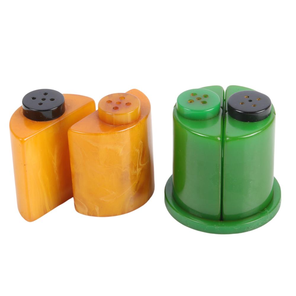 Appraisal: TWO BAKELITE SALT AND PEPPERS YELLOW DEMILUNE SET AND GREEN