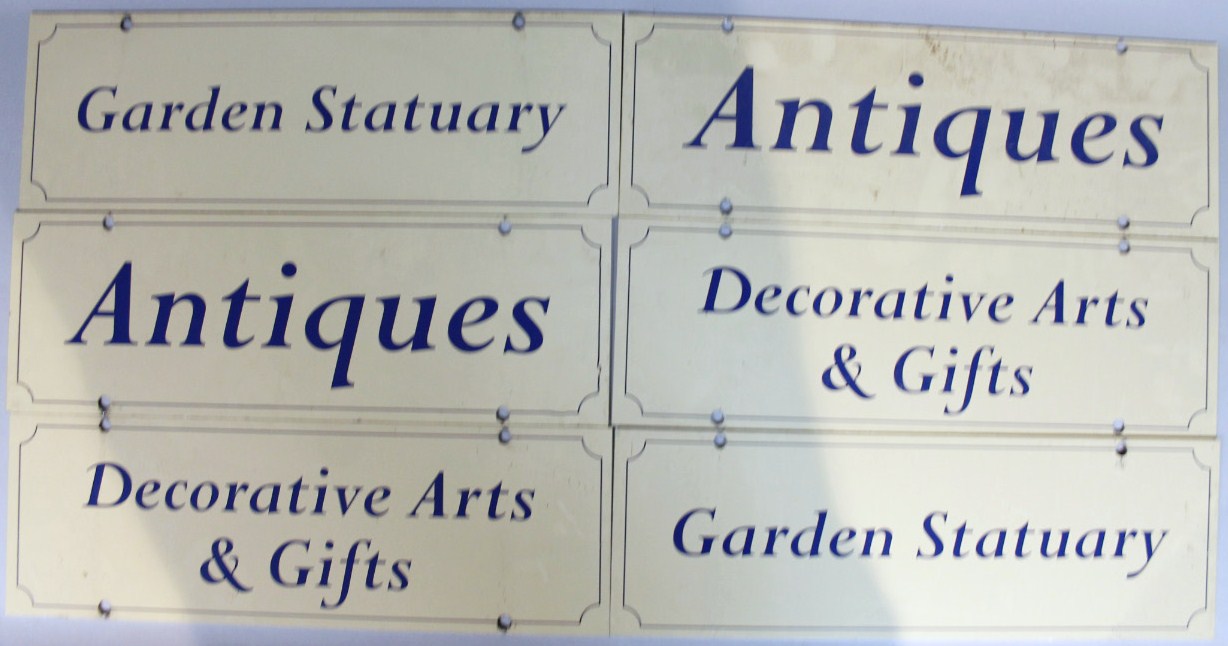 Appraisal: Various modern signs reading Antiques Decorative Arts And Gifts etc