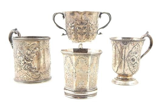 Appraisal: SILVER Four coin and sterling silver scroll-handled cups Gorham with