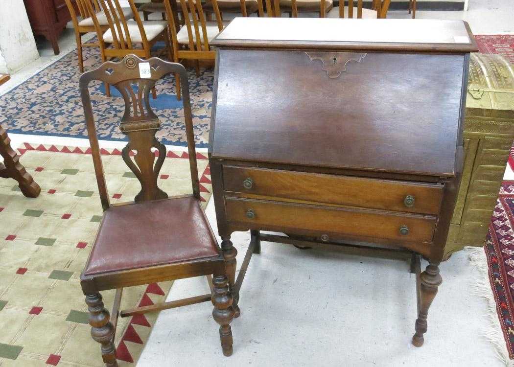 Appraisal: WALNUT SLANT-FRONT WRITING DESK AND CHAIR American c s Desk