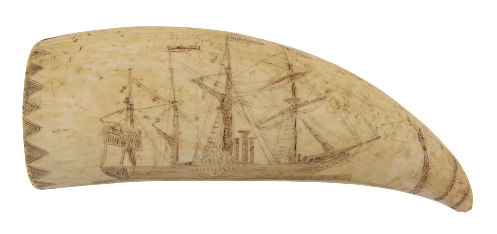 Appraisal: SCRIMSHAW WHALE'S TOOTH DEPICTING A STEAM SAIL VESSEL AND OTHER