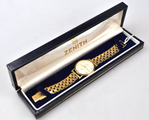 Appraisal: A gent's boxed ct gold Zenith wristwatch with hexagonal brick-link