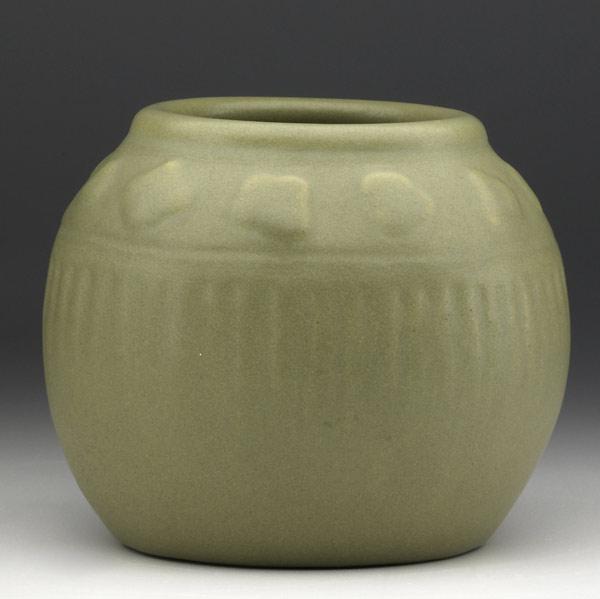 Appraisal: VAN BRIGGLEEarly matte green spherical vessel with blossoms AA VAN