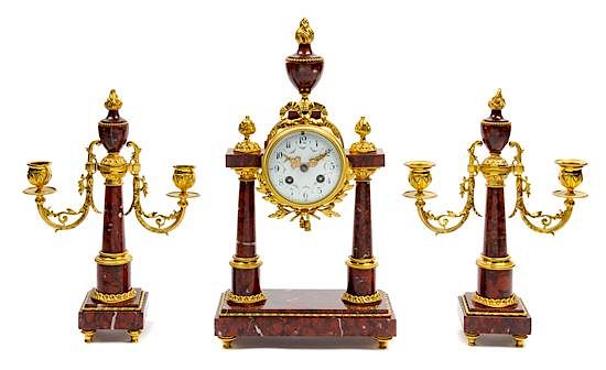 Appraisal: A French Gilt Bronze and Marble Clock Garniture Height of