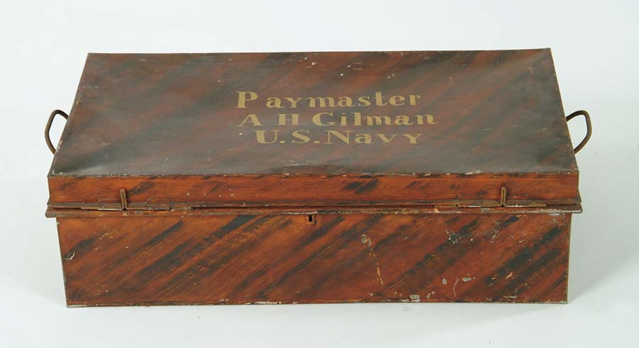 Appraisal: PAINTED TIN TRUNK Black and red grain painting with gold