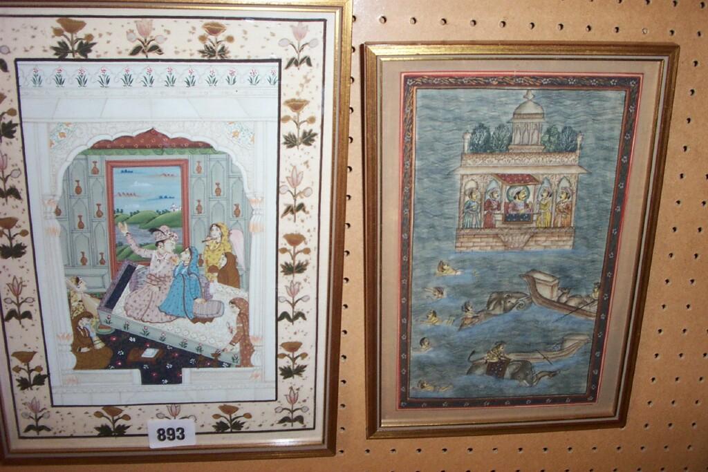 Appraisal: Two th century Indian moghul type miniature type paintings one