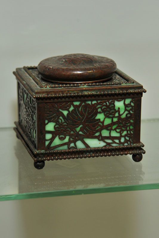 Appraisal: TIFFANY INKWELL Grapevine pattern Bronze with green slag glass panels