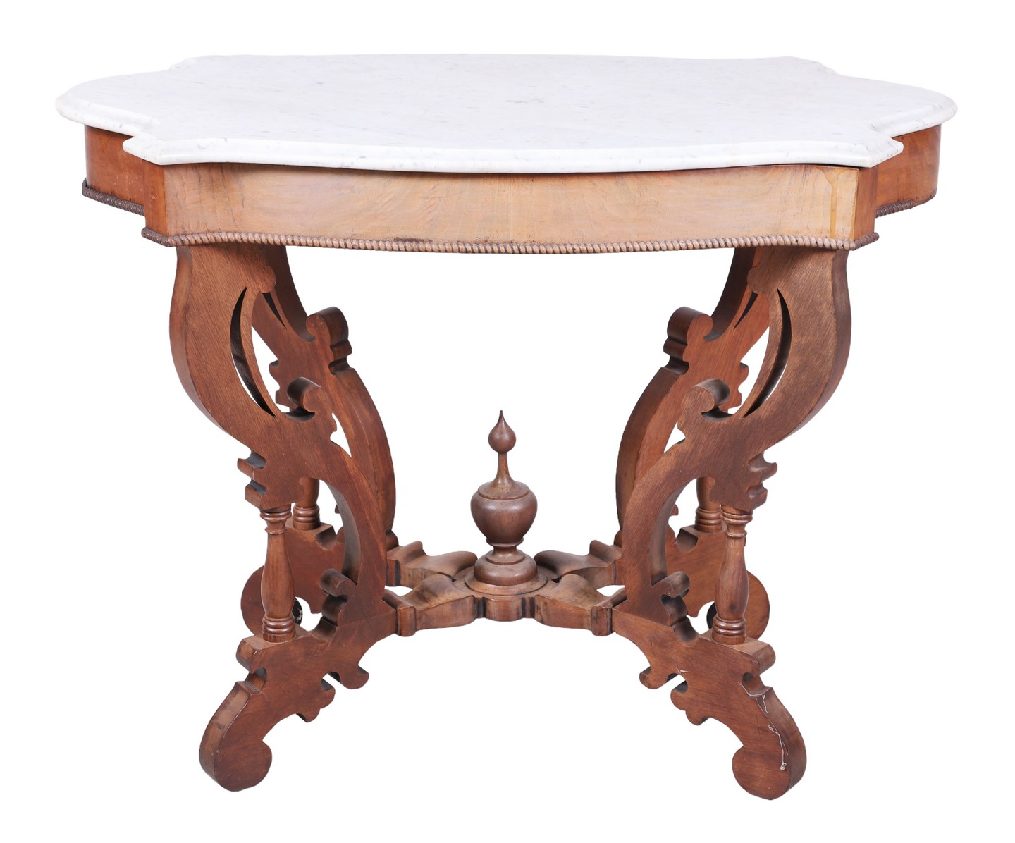 Appraisal: Victorian carved walnut marbletop center table shaped marbletop h x