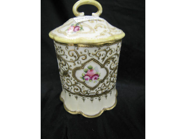 Appraisal: Nippon Handpainted Porcelain Jam Jar Holder gold encrusted floral decor