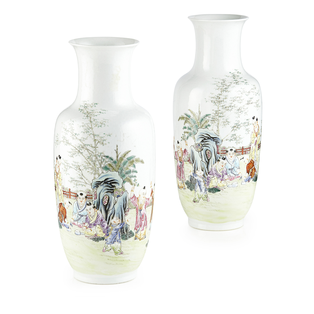 Appraisal: PAIR OF FAMILLE ROSE 'BOYS' VASES GUANYIN PING JU REN