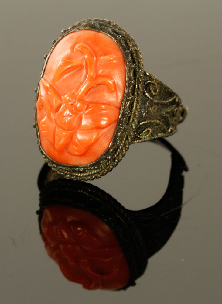 Appraisal: - Chinese Carved Coral Ring Very early carved coral and